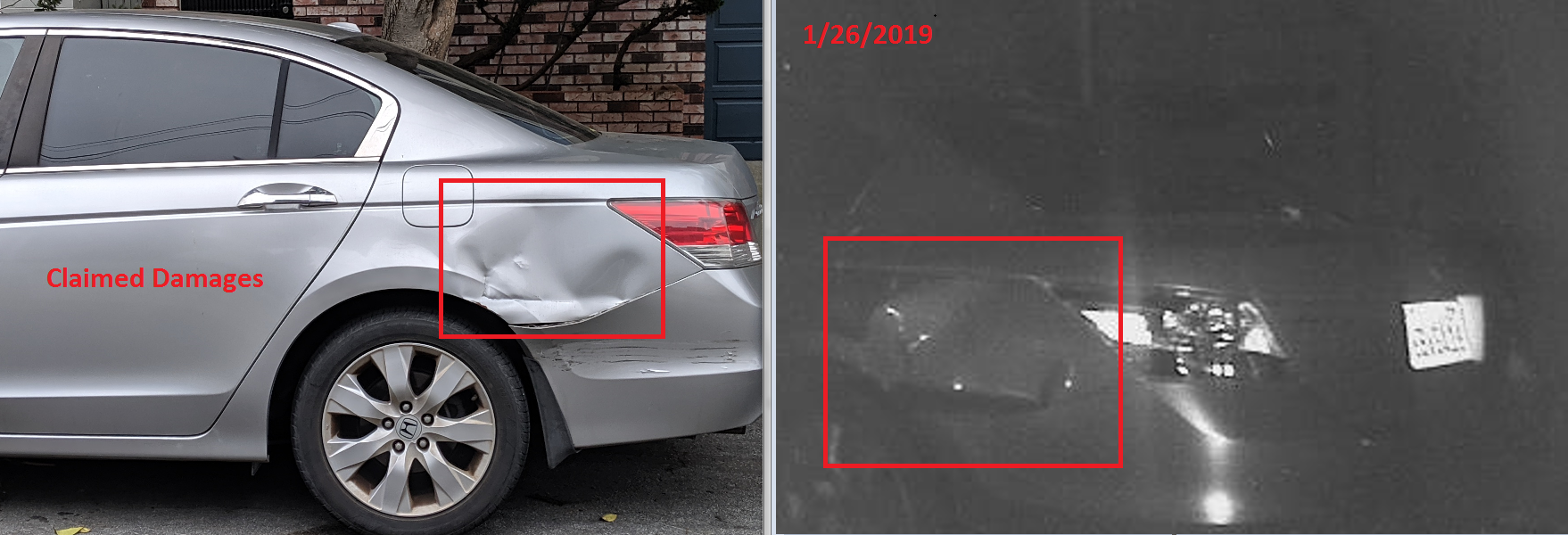 A PowerPoint slide an adjuster shared, comparing two car photos with red boxes drawn around damaged areas for an investigation report.